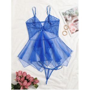 One Size Royal Blue Contrast Lace Sheer Mesh Slips With Thong
